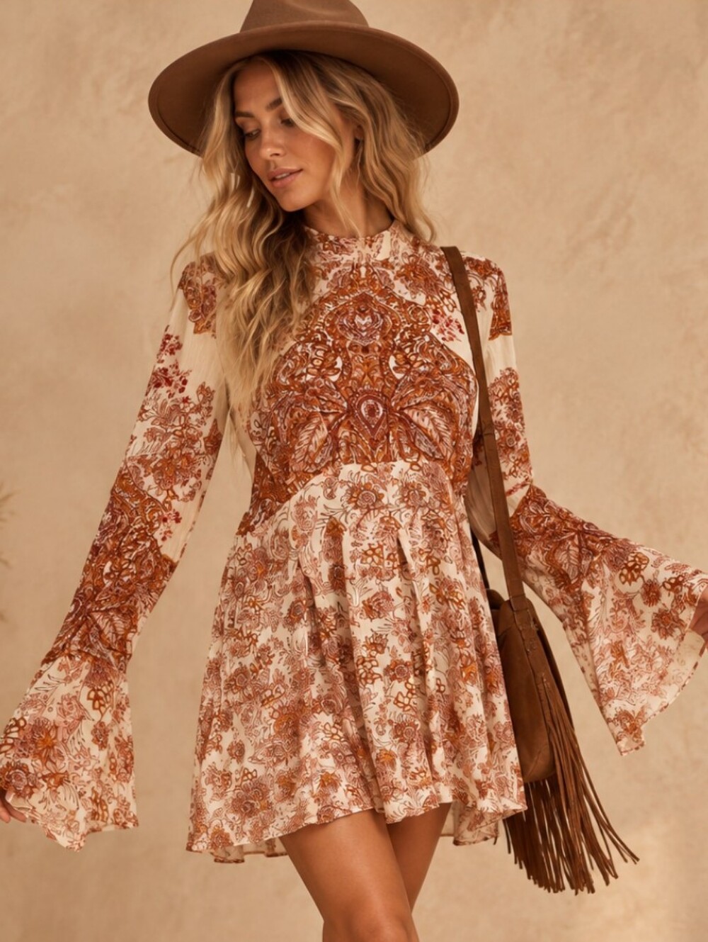 Free People Boho Paisley Bell Sleeve Mini Dress Medium